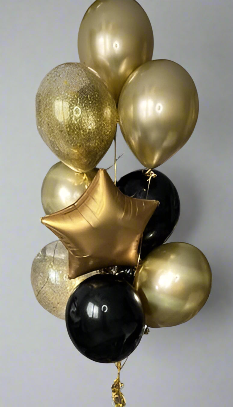 Helium balloon bouquet for birthday Black and Gold