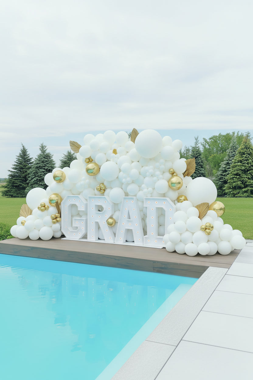 Graduation Photo Backdrop with Marquee GRAD Letters & Luxury Balloon Installation