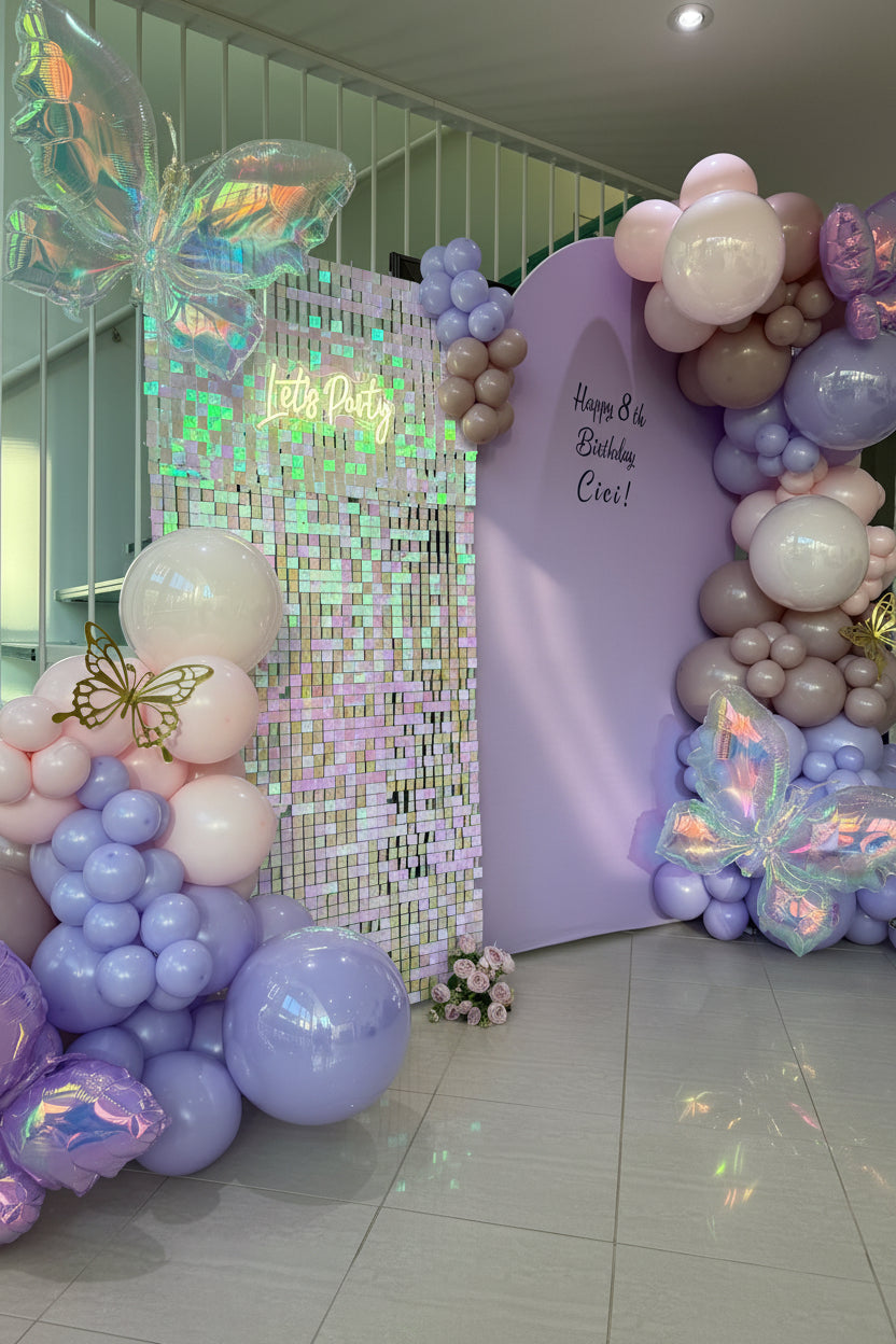 Butterfly Birthday Balloon Backdrop – Pastel Purple Theme