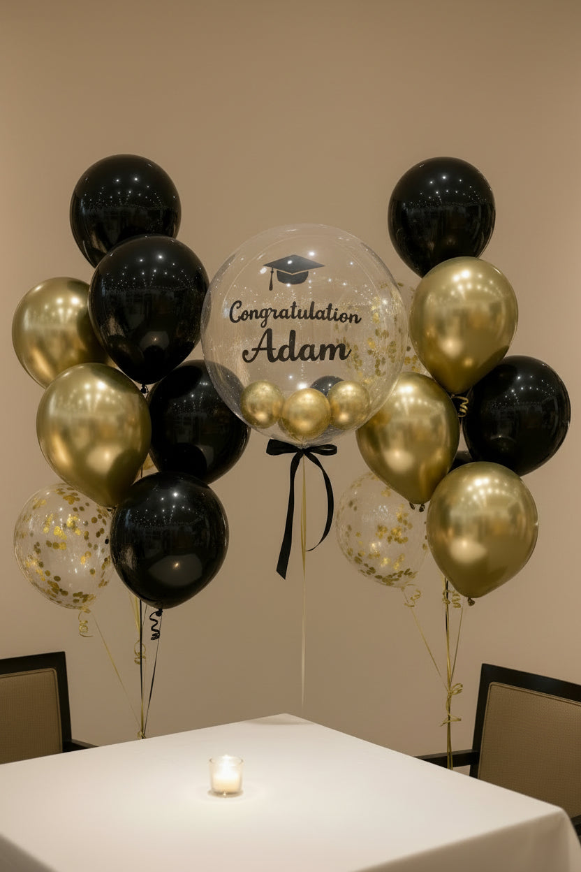 Custom "Midnight Gold" Graduation Bubble Balloon Bouquet – Personalized Decor