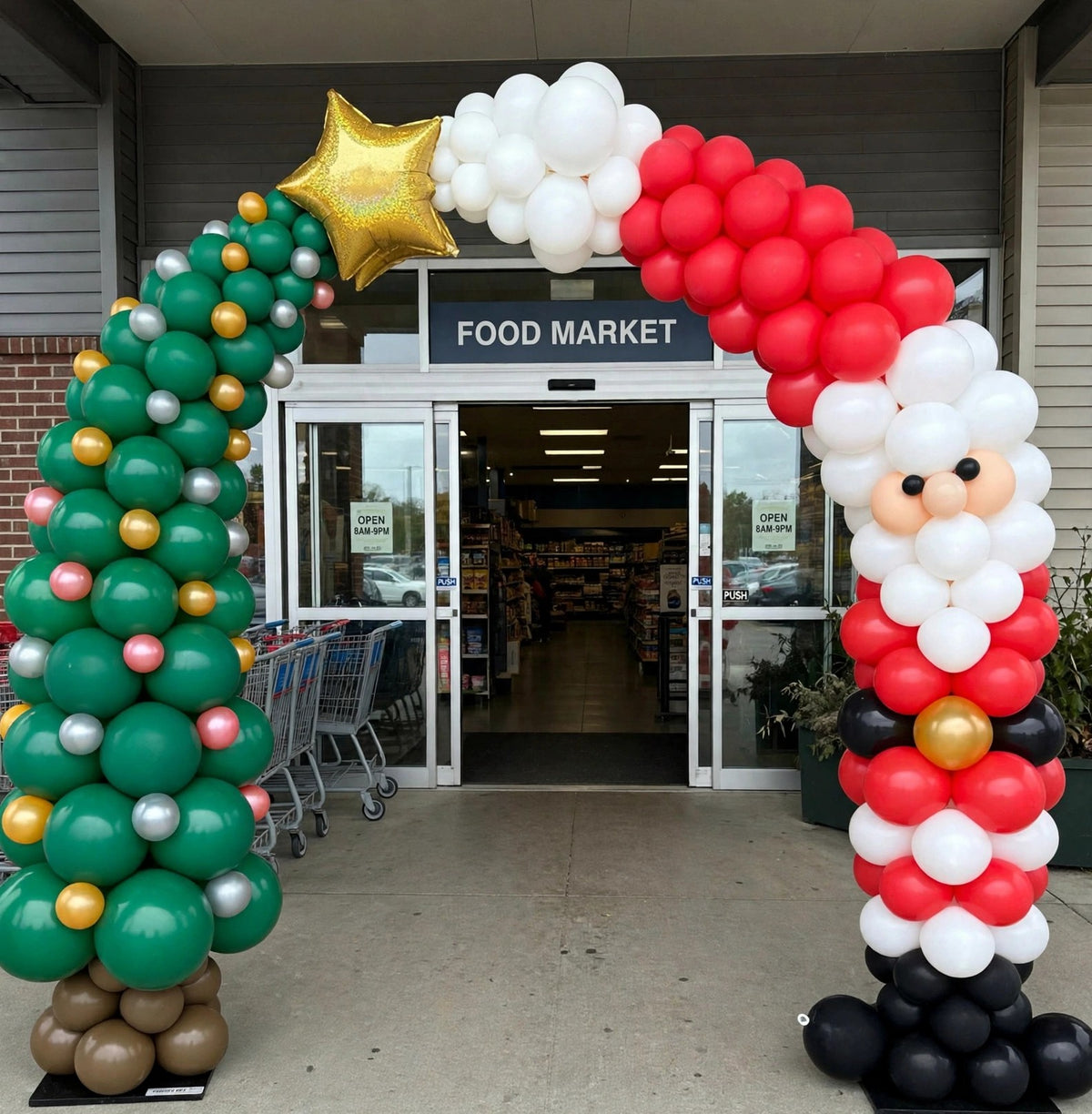 Christmas Entrance Arch with Balloon Tree and Santa