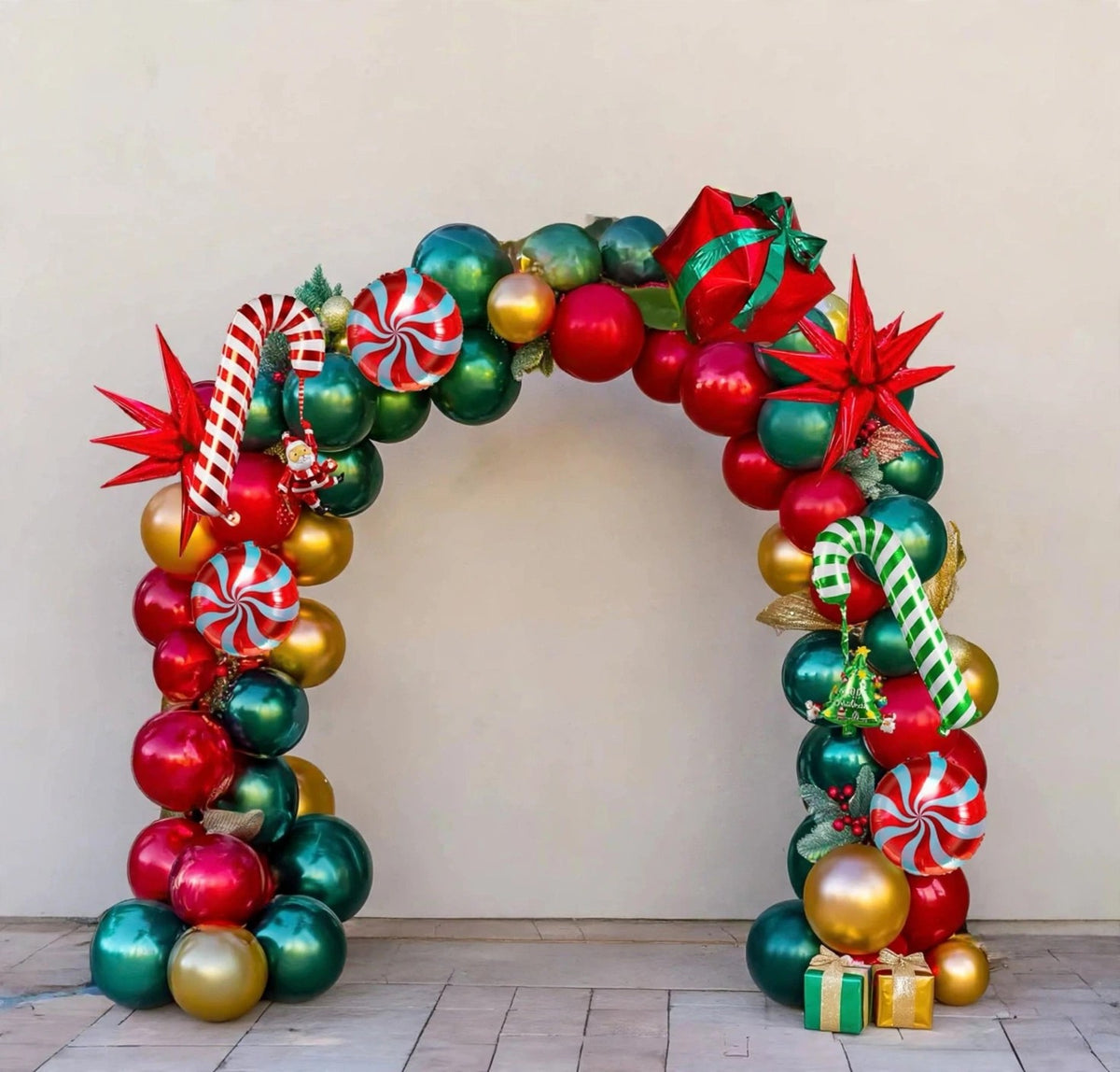 Christmas Foil Balloon Arch with Candy Canes and Gifts