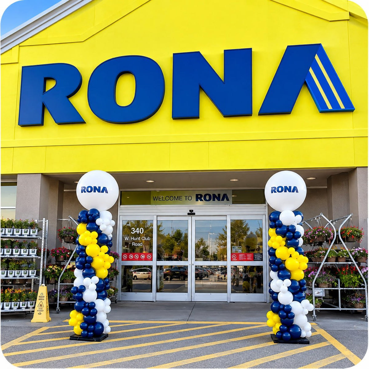 Two organic balloon columns / pillars with RONA logo toppers flanking a RONA store entrance