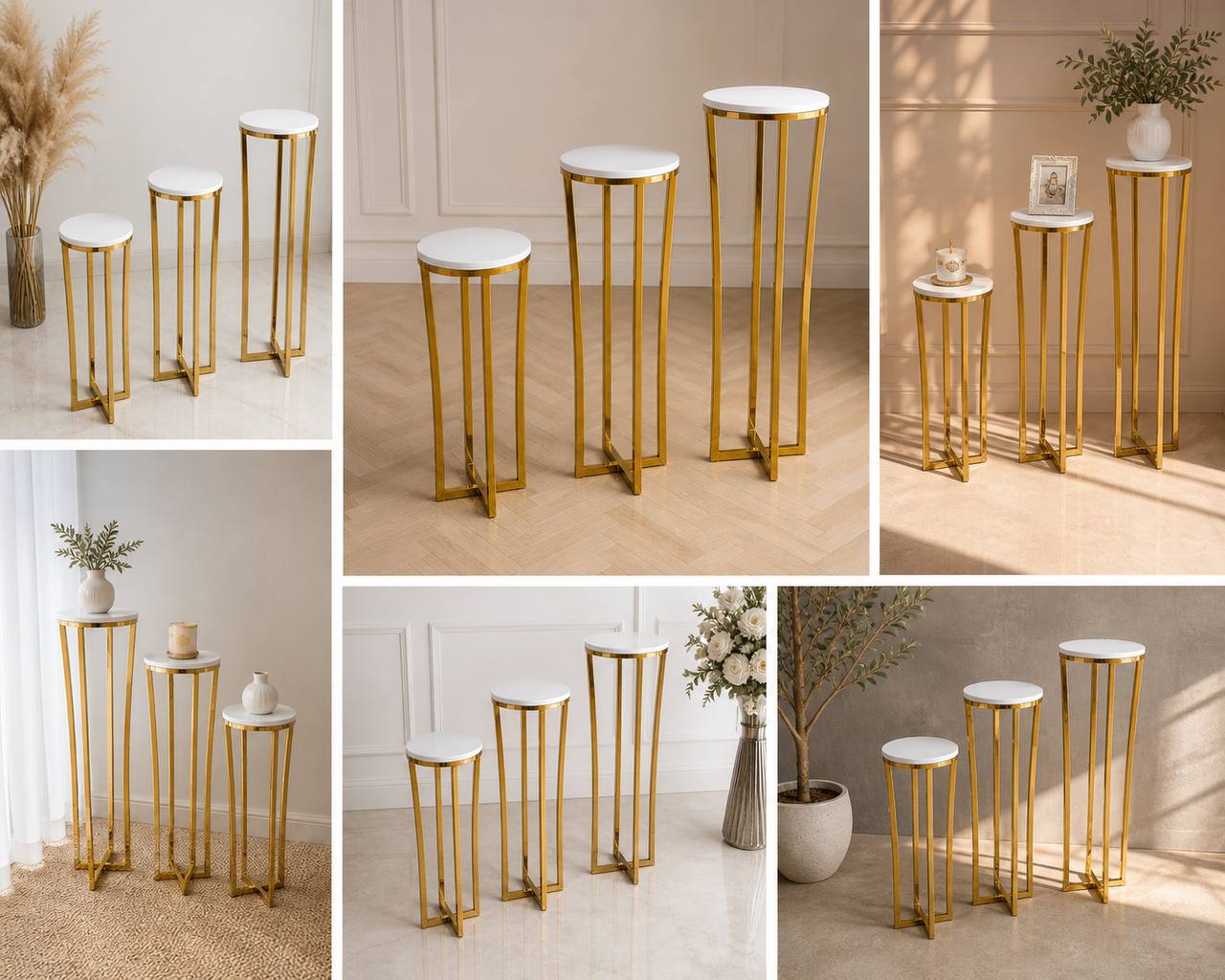 Gold Luxe Pedestal Stand – Small (Round Top) | Rental