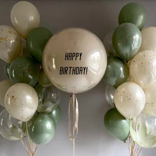 Elegant sage, cream and gold birthday balloon arrangement with a personalized Happy Birthday bubble balloon