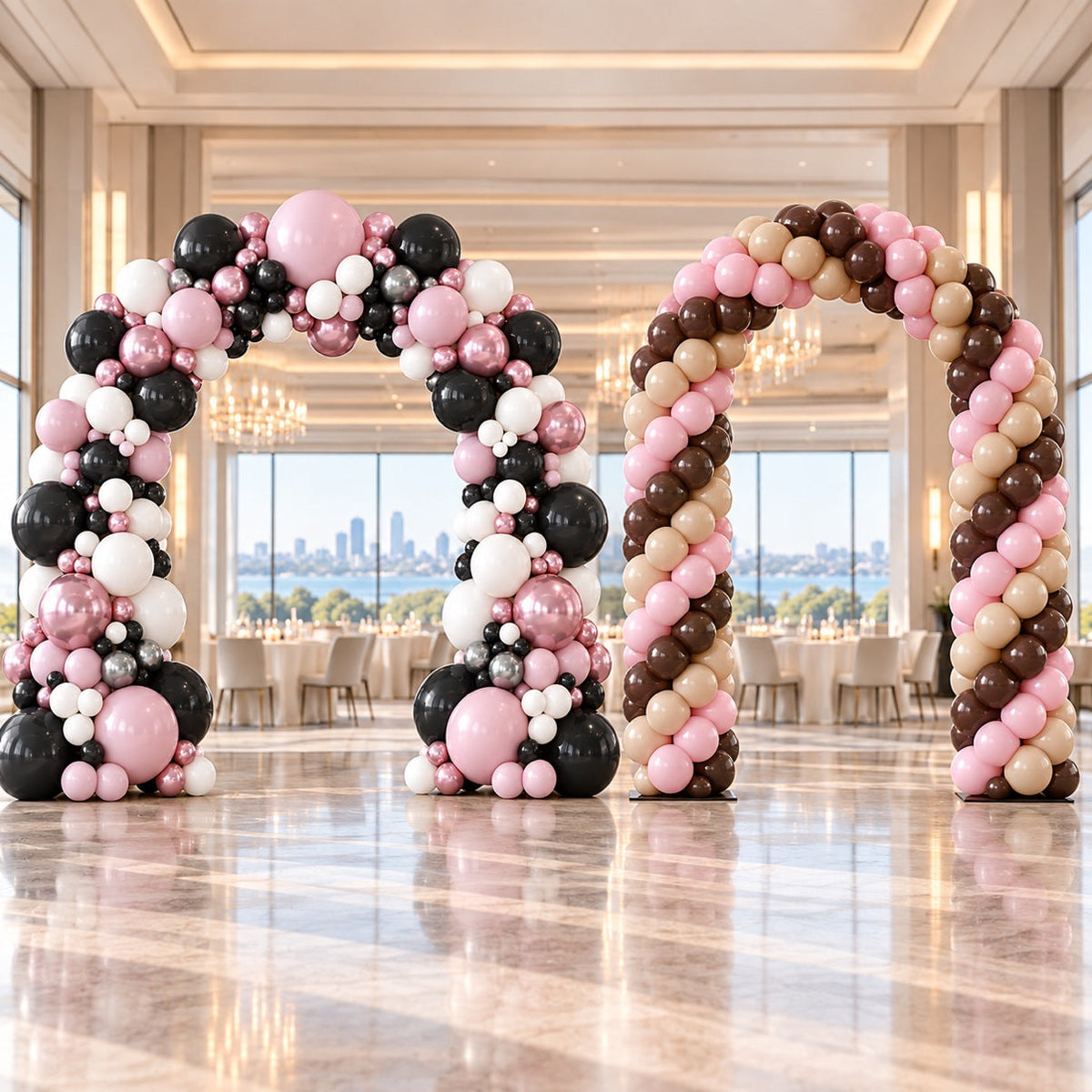 Organic balloon arches in pink, black, white and nude tones for a corporate gala in Ottawa