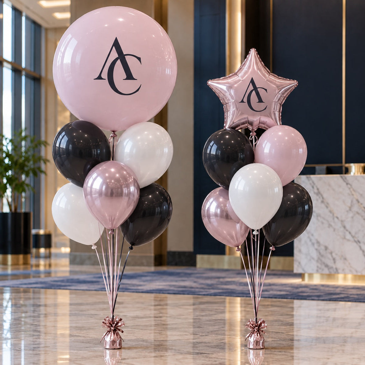 Custom logo balloon bouquets with company monogram in a hotel lobby, corporate event decor Ottawa