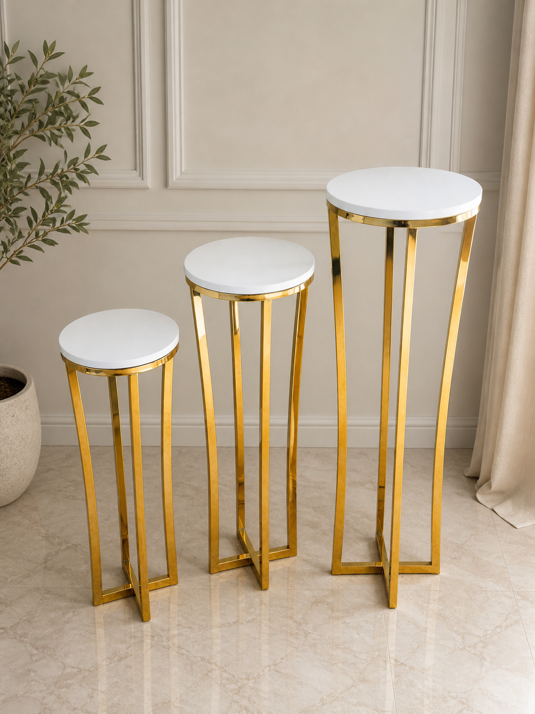 Gold Luxe Pedestal Stands – Set of 3 (Round Top) | Rental (Best Value)