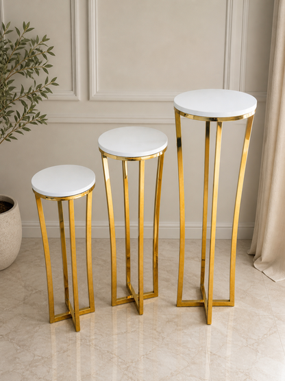 Gold Luxe Pedestal Stands – Set of 3 (Round Top) | Rental (Best Value)