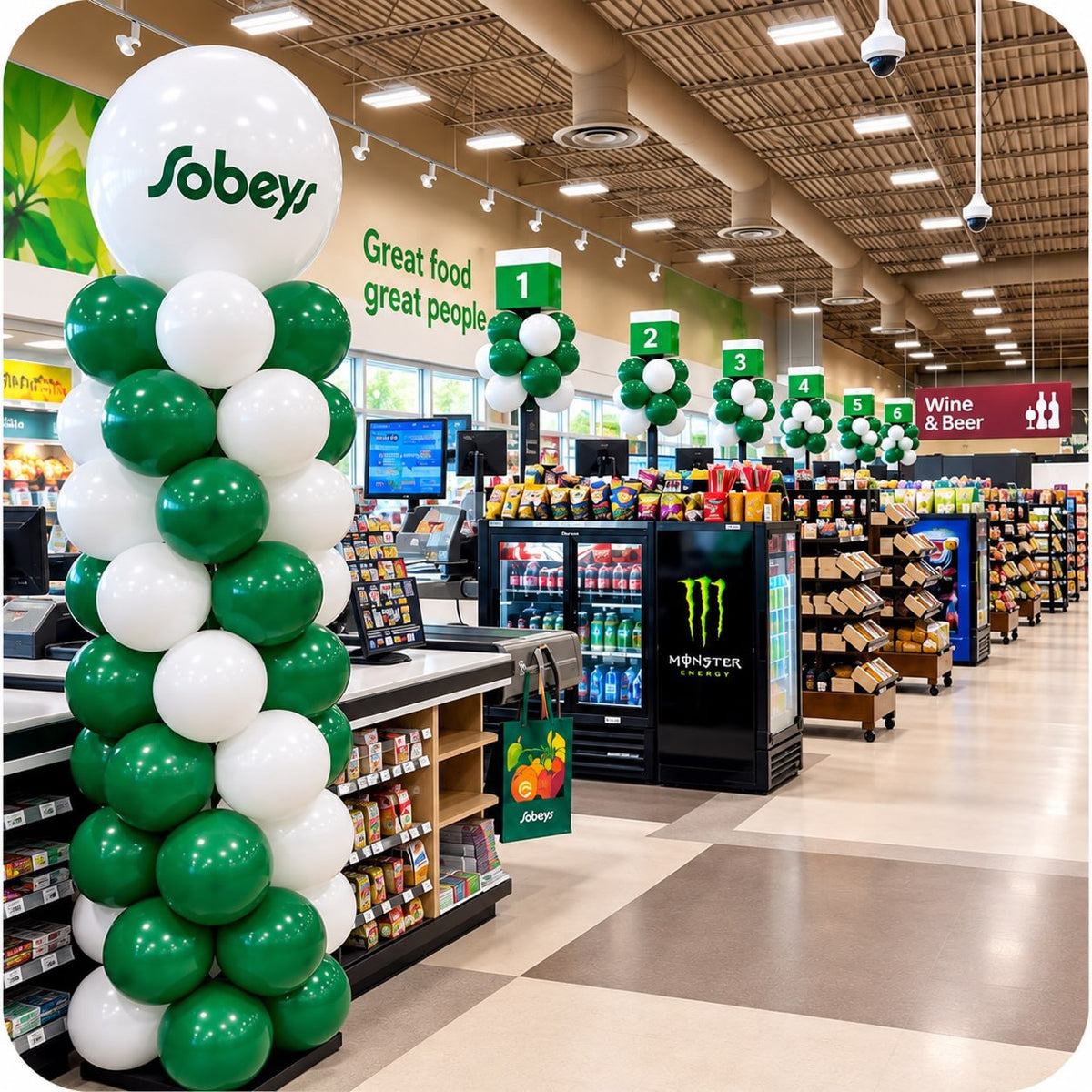 Classic spiral balloon column / pillar in green and white with Sobeys logo topper at a supermarket checkout