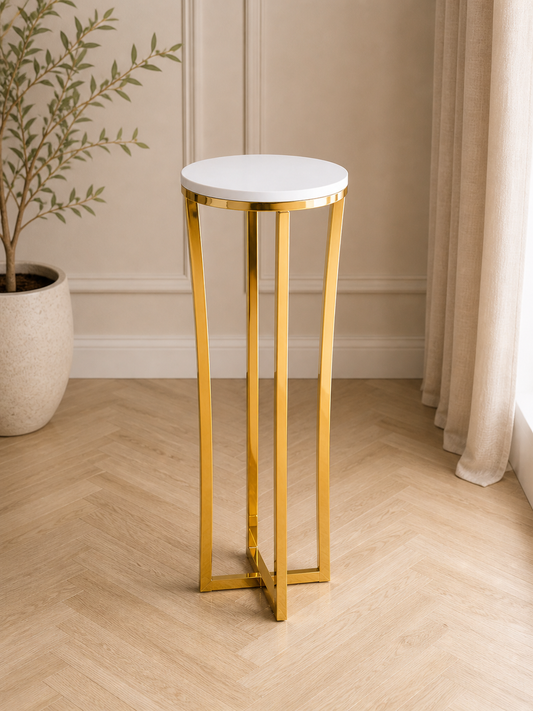 Gold Luxe Pedestal Stand – Medium (Round Top) | Rental