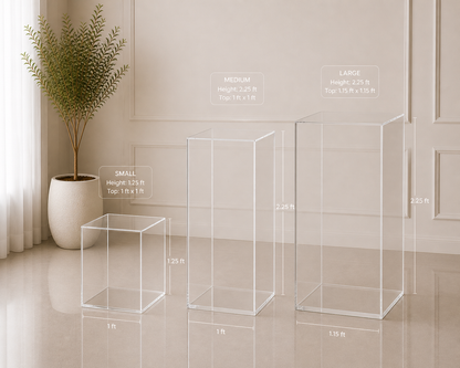 Clear Acrylic Cube Pedestals – Set of 3 | Rental (Best Value)