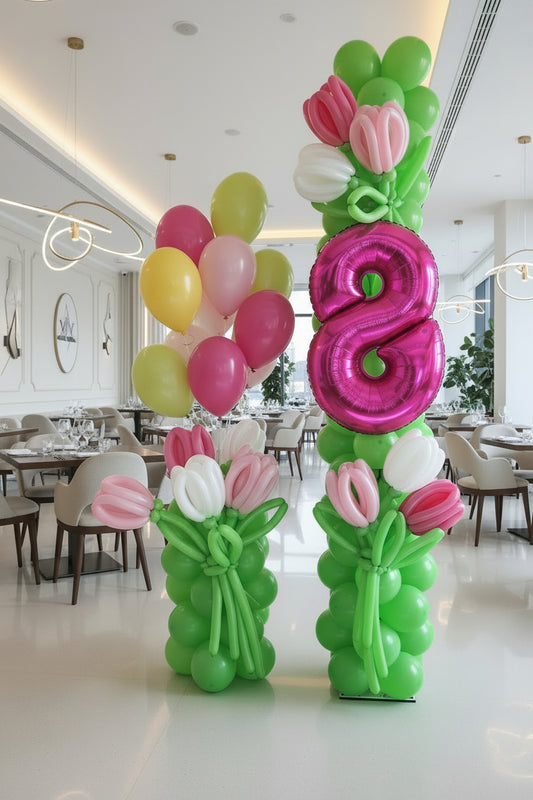 International Women’s Day Balloon pillar with Tulips & Number 8