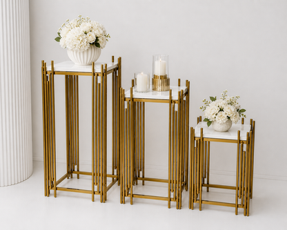 Gold Geometric Pedestal Stands – Set of 3 (Square Top) | Rental (Best Value)