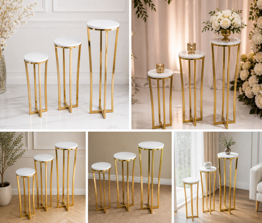Gold Luxe Pedestal Stands – Set of 3 (Round Top) | Rental (Best Value)