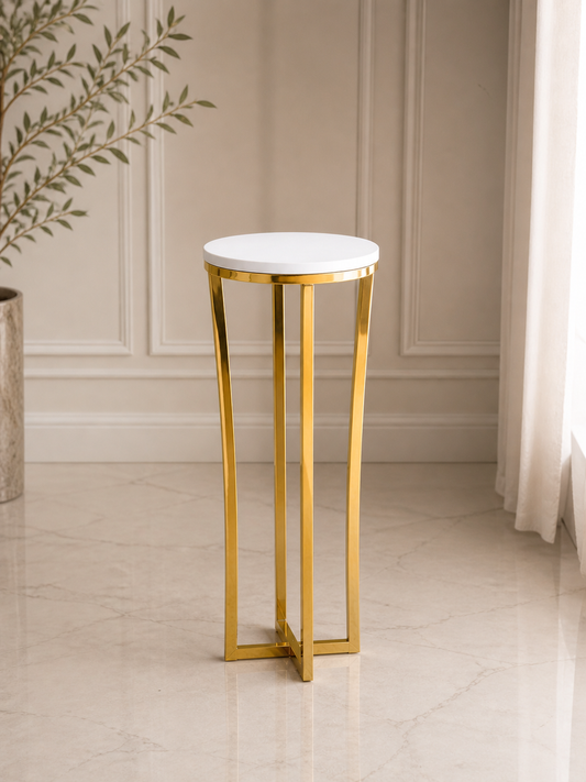Gold Luxe Pedestal Stand – Small (Round Top) | Rental