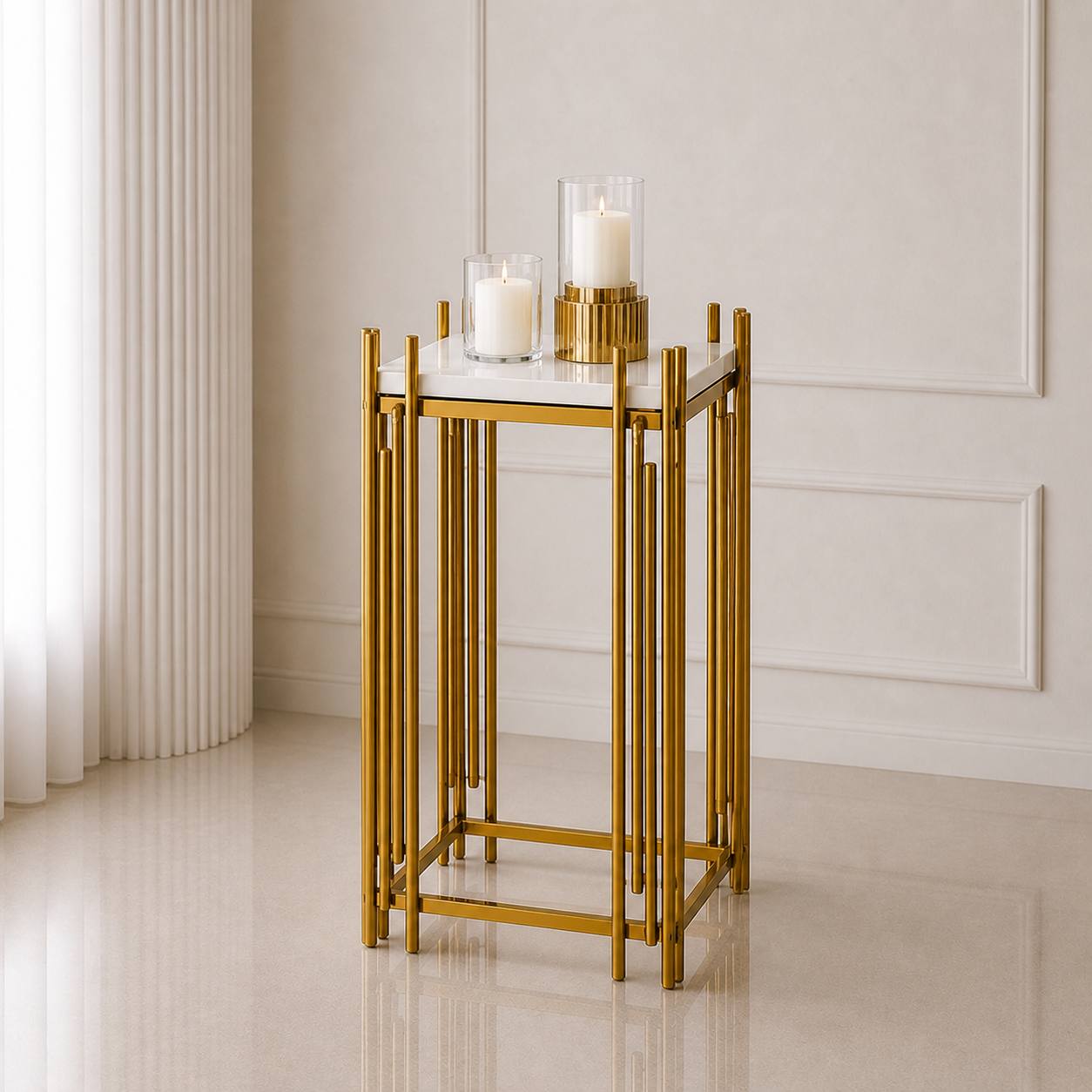 Gold Geometric Pedestal Stand – Medium (Square Top) | Rental