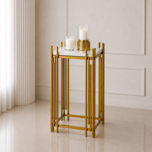 Gold Geometric Pedestal Stand – Medium (Square Top) | Rental