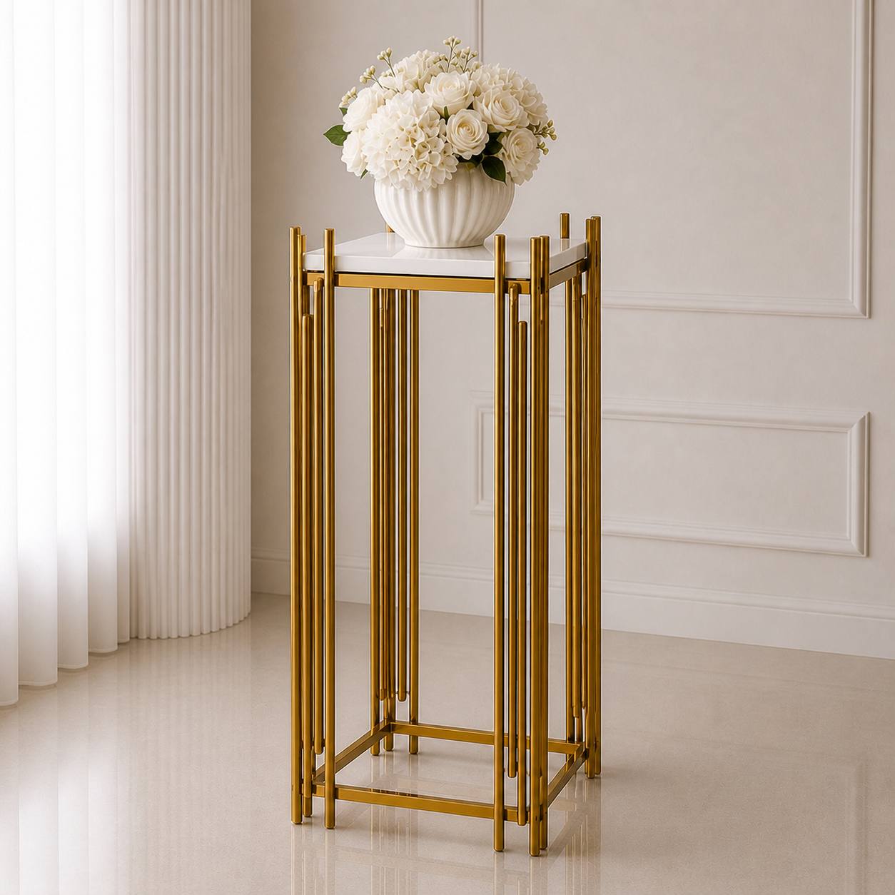 Gold Geometric Pedestal Stand – Large (Square Top) | Rental