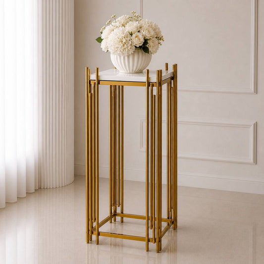Gold Geometric Pedestal Stand – Large (Square Top) | Rental