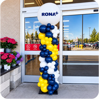 Organic balloon column / pillar with RONA logo topper at a store entrance