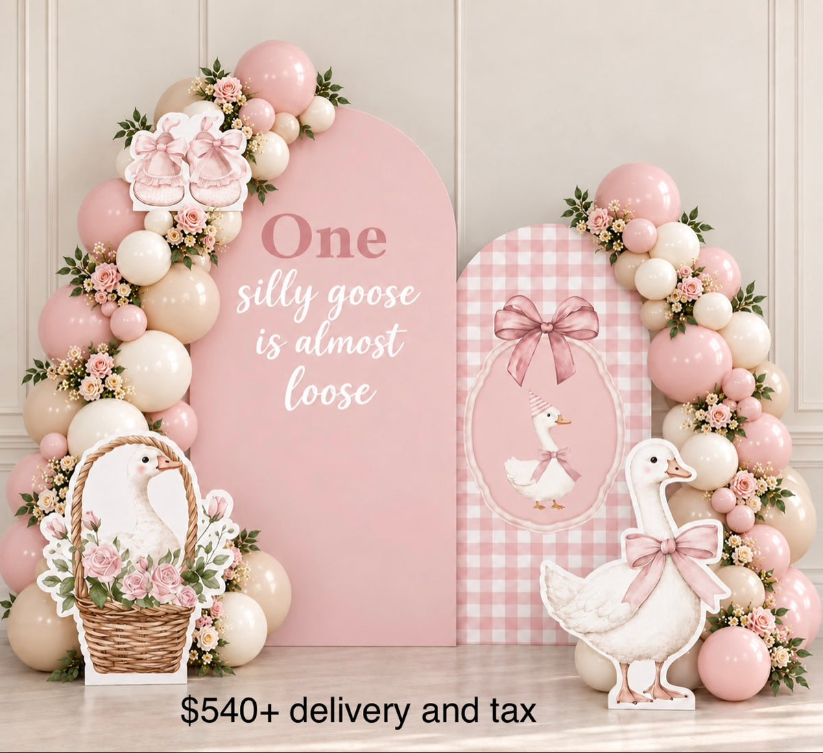 Pink One Silly Goose first birthday backdrop with blush arch panels, balloon garland with flowers, goose and baby bootie cutouts