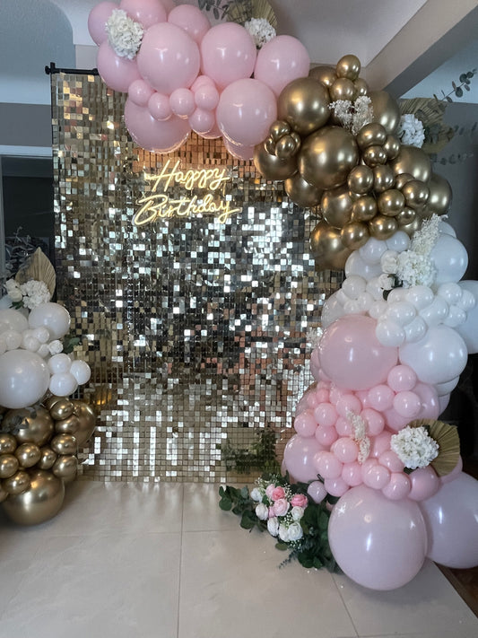 Backdrop Happy Birthday Gold Shimmer Pink