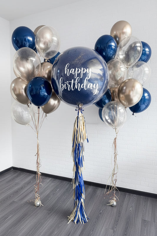 Navy & Gold Happy Birthday Balloon Bouquet