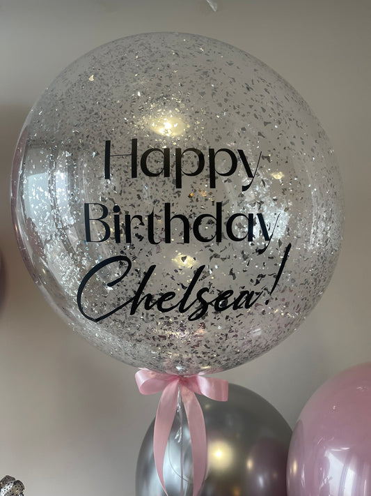 Large Helium Clear Balloon  with Personalized Text 24' and  Silver confetti