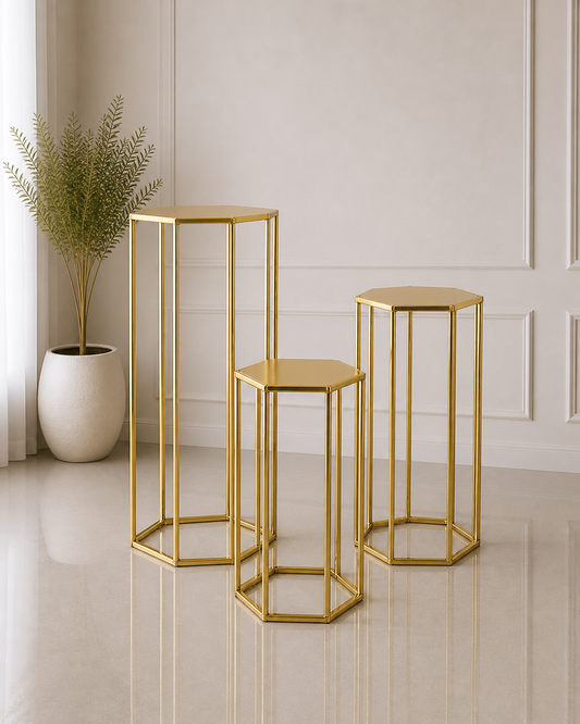 Gold Hexagon Pedestal Stands – Set of 3 | Rental (Best Value)