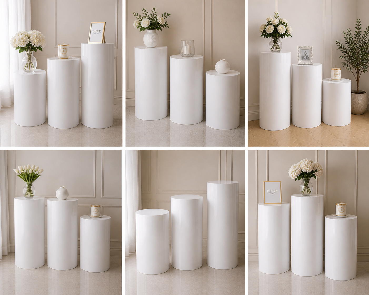 Metal Cylinder Display Stands – White (Set of 3) | Rental (Best Value)