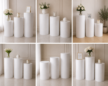 Metal Cylinder Display Stands – White (Set of 3) | Rental (Best Value)