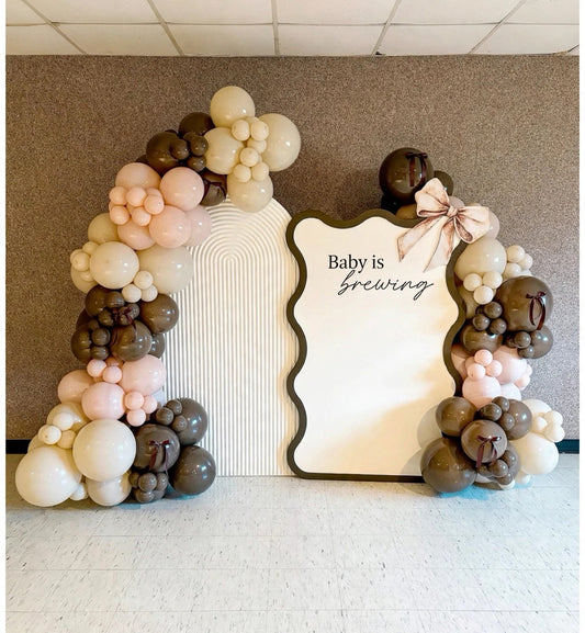 Baby is brewing baby shower balloon backdrop in cream, blush and brown