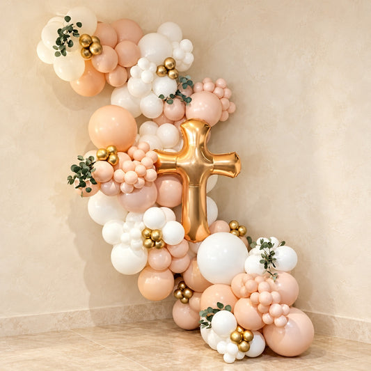 Baptism balloon garland in blush, white and gold with a gold cross and eucalyptus – christening decor in Ottawa