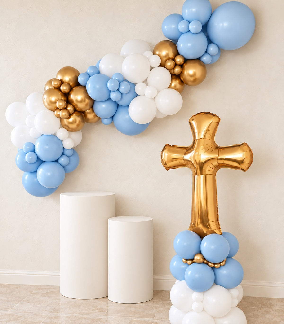 Blue, white and gold baptism balloon garland with a gold cross balloon column – christening decor in Ottawa