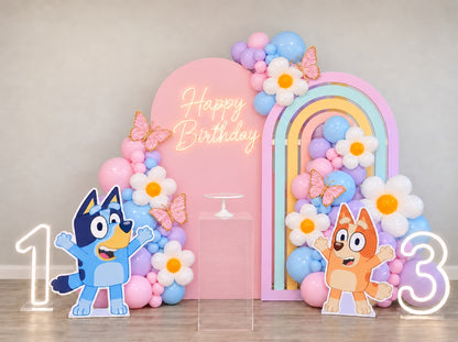 Bluey and Bingo balloon backdrop with LED Happy Birthday sign, butterflies and daisy balloons