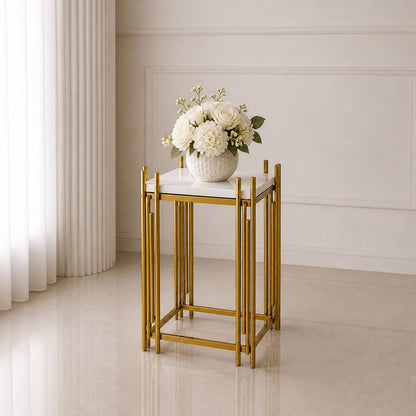 Gold Geometric Pedestal Stand – Small (Square Top) | Rental