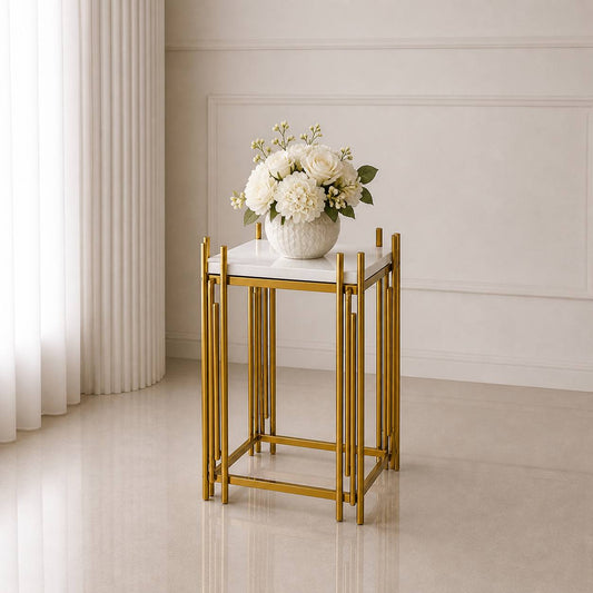 Gold Geometric Pedestal Stand – Small (Square Top) | Rental