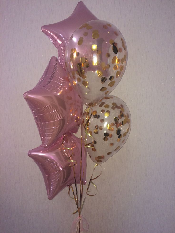 Helium balloon bouquet for birthday pink and Gold confetti