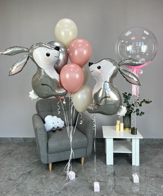 Helium balloon bouquet for girls 10 Gray Bunny