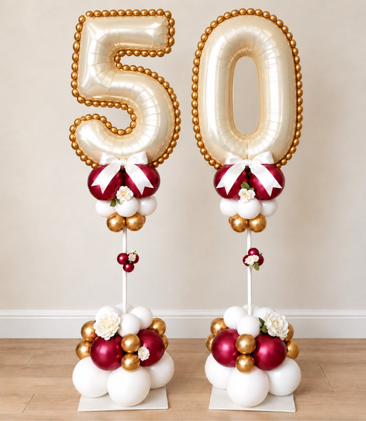 Foil Number Balloon Column / Pillar - pair of cream foil numbers with gold balloon trim, burgundy, white and gold balloons