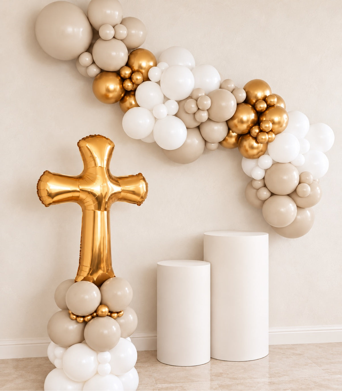 Ivory, beige, white and gold baptism balloon garland with a gold cross balloon column – christening decor in Ottawa