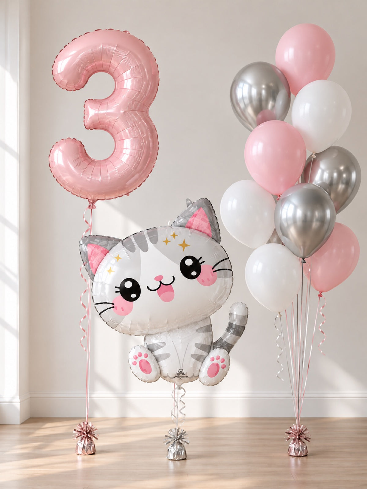 Kitty helium balloon bouquet for girls in pink, white and silver with a pink number