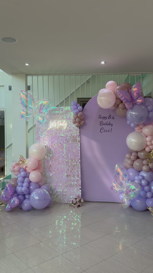 Butterfly Birthday Balloon Backdrop – Pastel Purple Theme