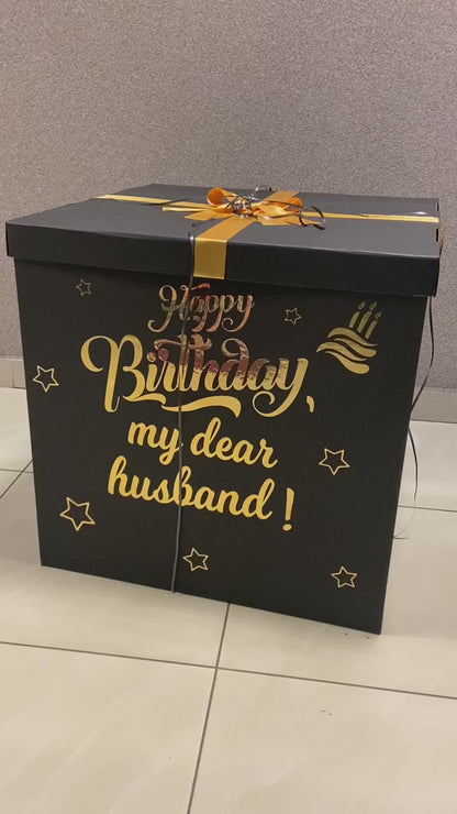 Stylish  Giant Surprise Box  with black and gold helium balloons 4