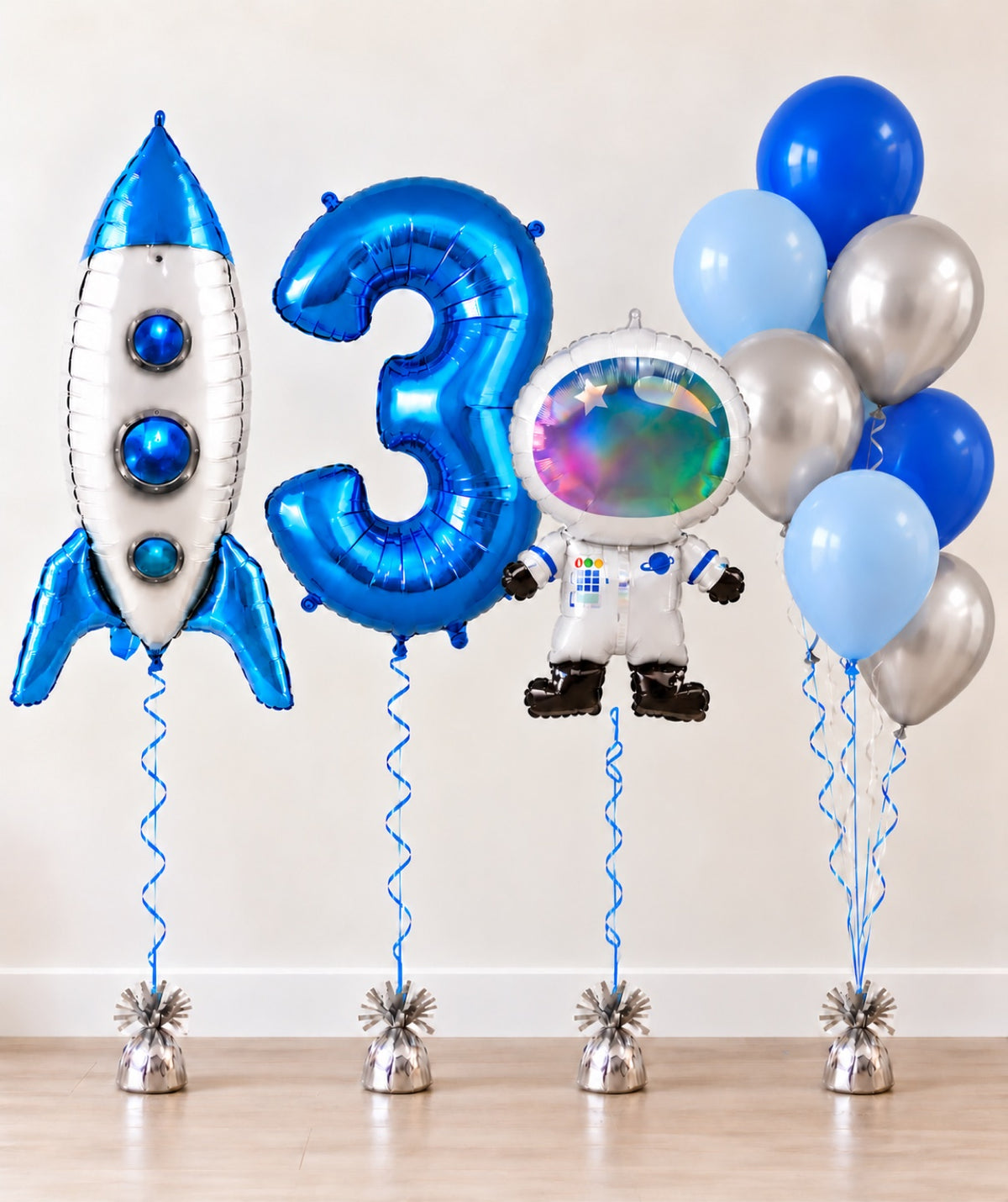 Space helium balloon bouquet for boys with blue rocket, blue number, astronaut and blue and silver balloons