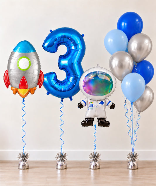 Space helium balloon bouquet for boys with red rocket, blue number, astronaut and blue and silver balloons